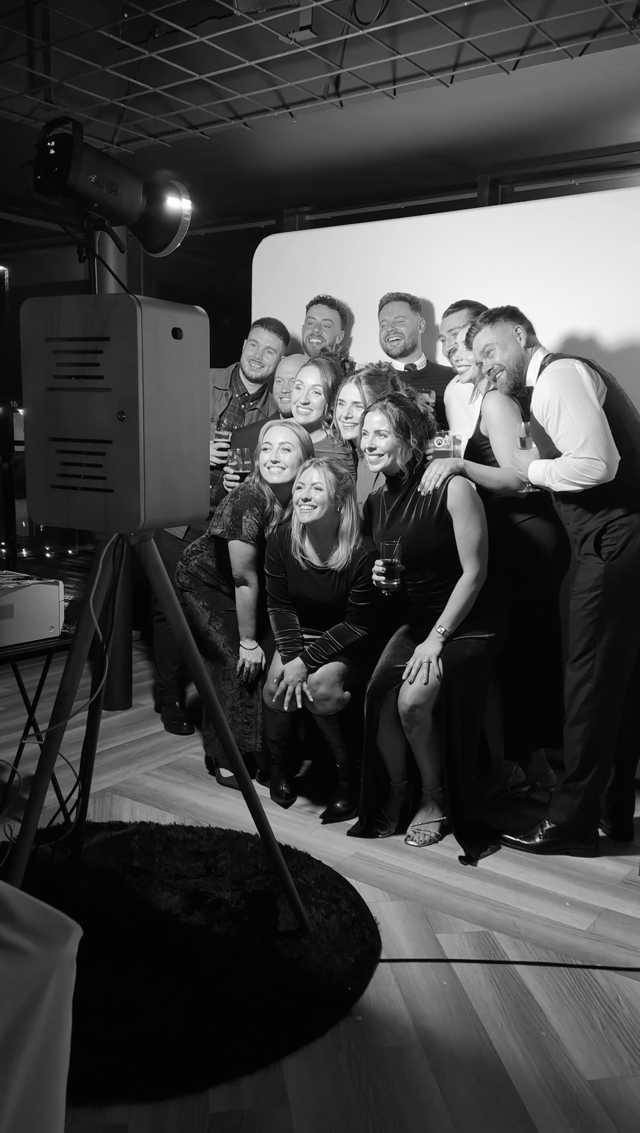 Black and white photo booth group photo